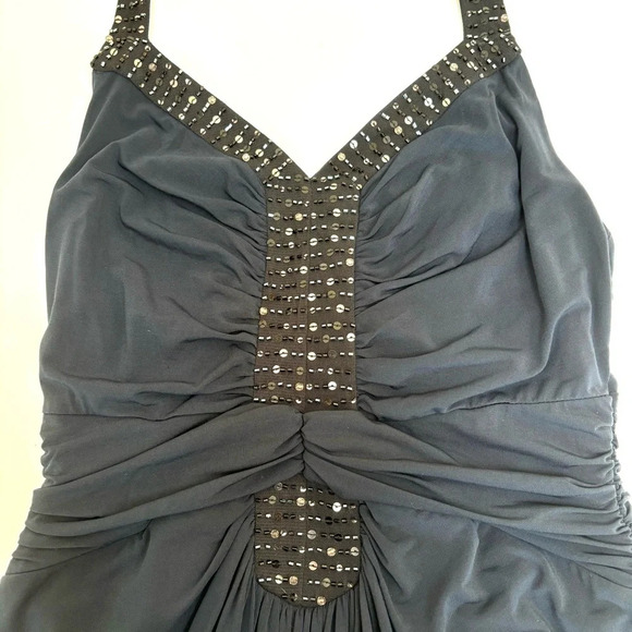 BCBGMAXAZRIA Ruched Jersey Halter Dress Sequin Trim Cocktail Y2K Navy Small NWT - Picture 3 of 14